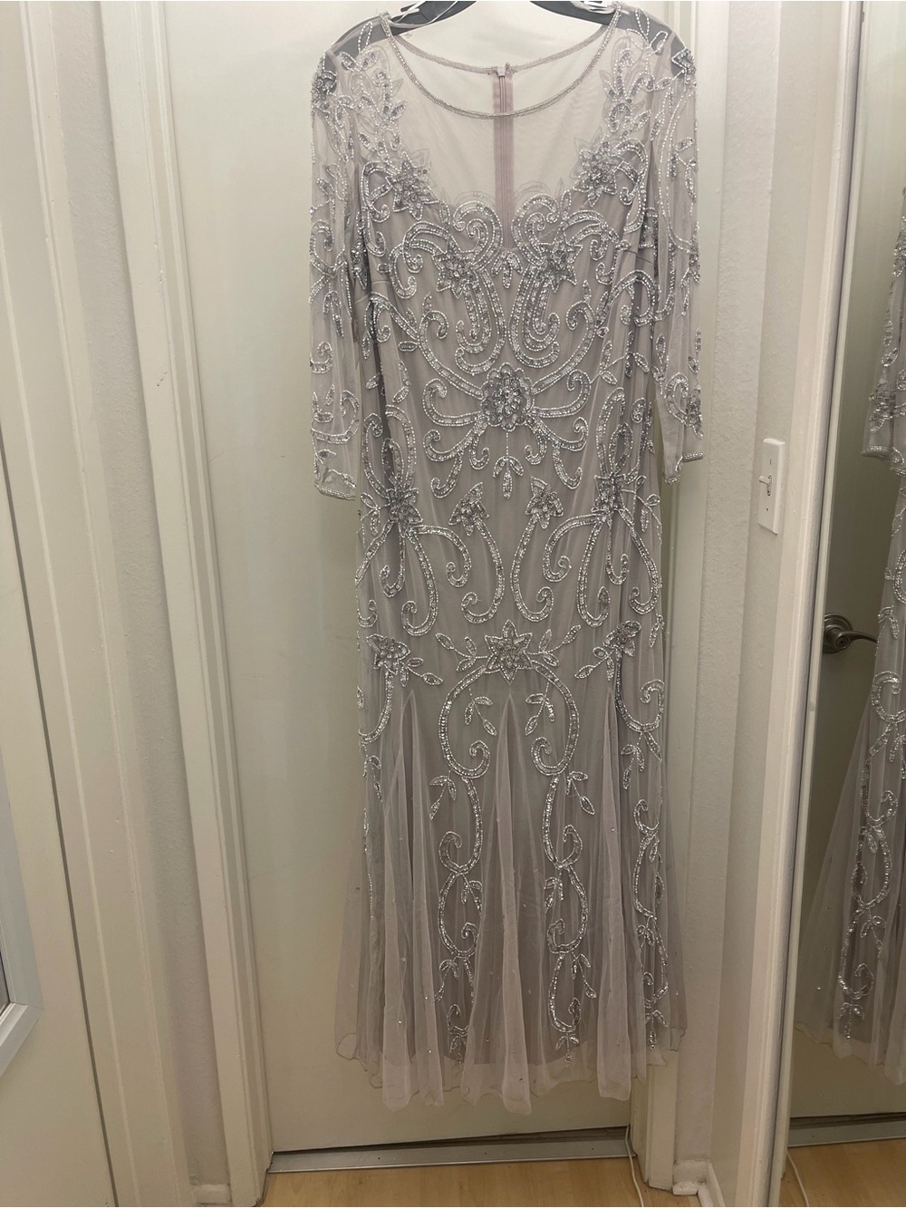 Embellished Silver Illusion Long Sleeve Evening Dress